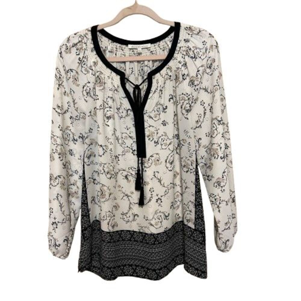 Daniel Rainn Tassel Tie Front Tunic Top Womens Large Cream Black Floral Boho